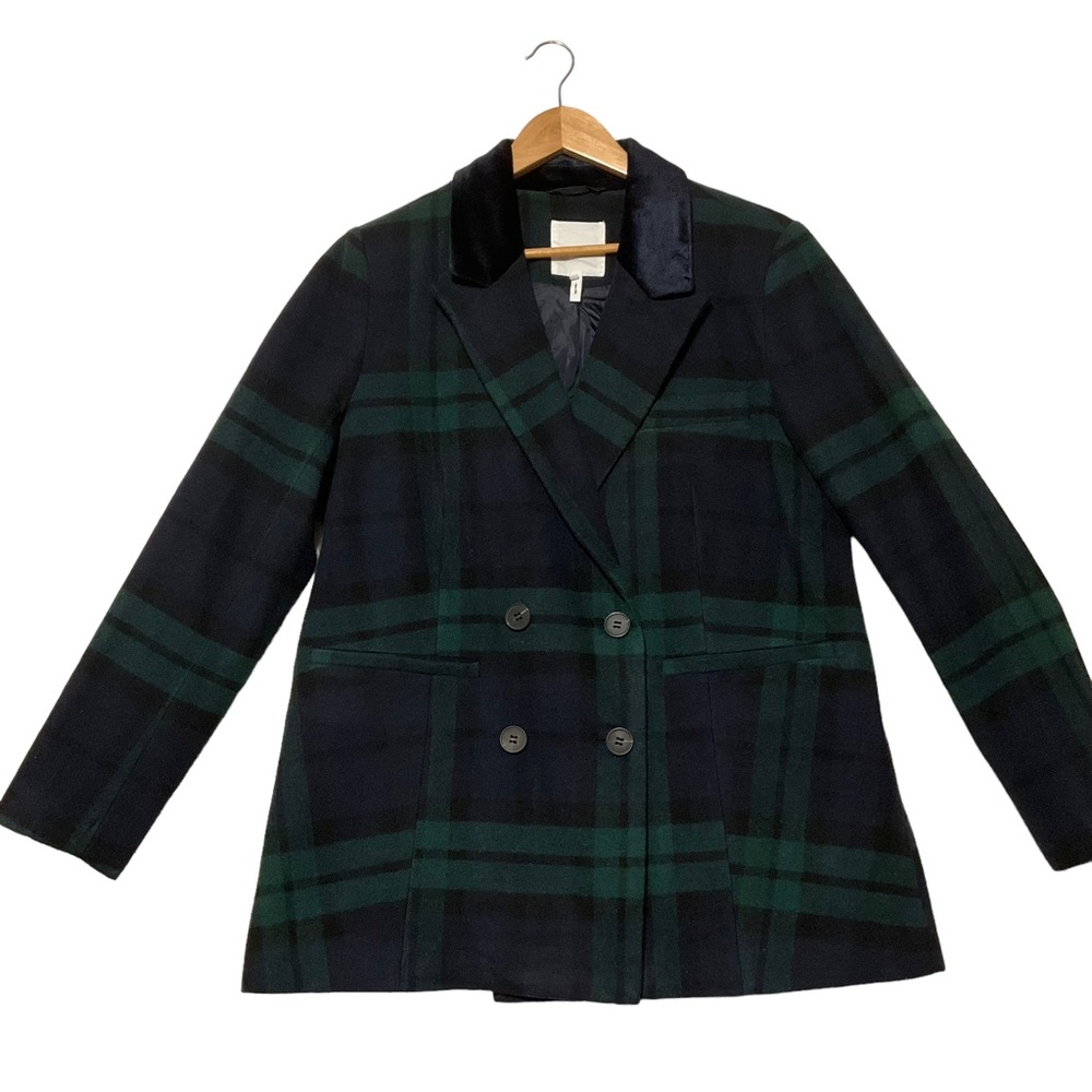 AVEC LES FILLES sz Large Peacoat Tartan Plaid Pockets Velvet Trim Blue Green NWT